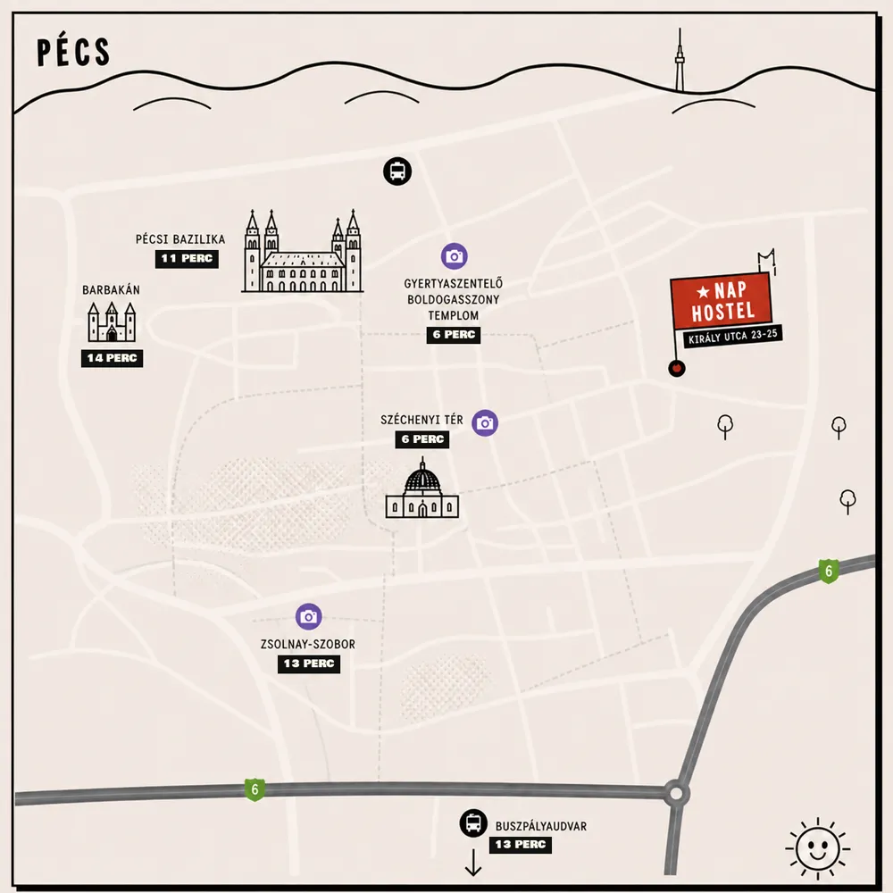 Kézzel rajzolt térkép Pécs belvárosáról. A Nap Hostel címe: Király utca 23-25. Gyalog: a Széchenyi tér és a Gyertyaszentelő Boldogasszony-templom 6 perc, Bazilika 11 perc, Zsolnay-szobor és buszpályaudvar 13 perc, Barbakán 14 perc.